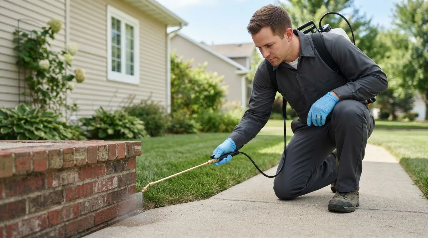Pest control technician treating a home near Aurora, ME