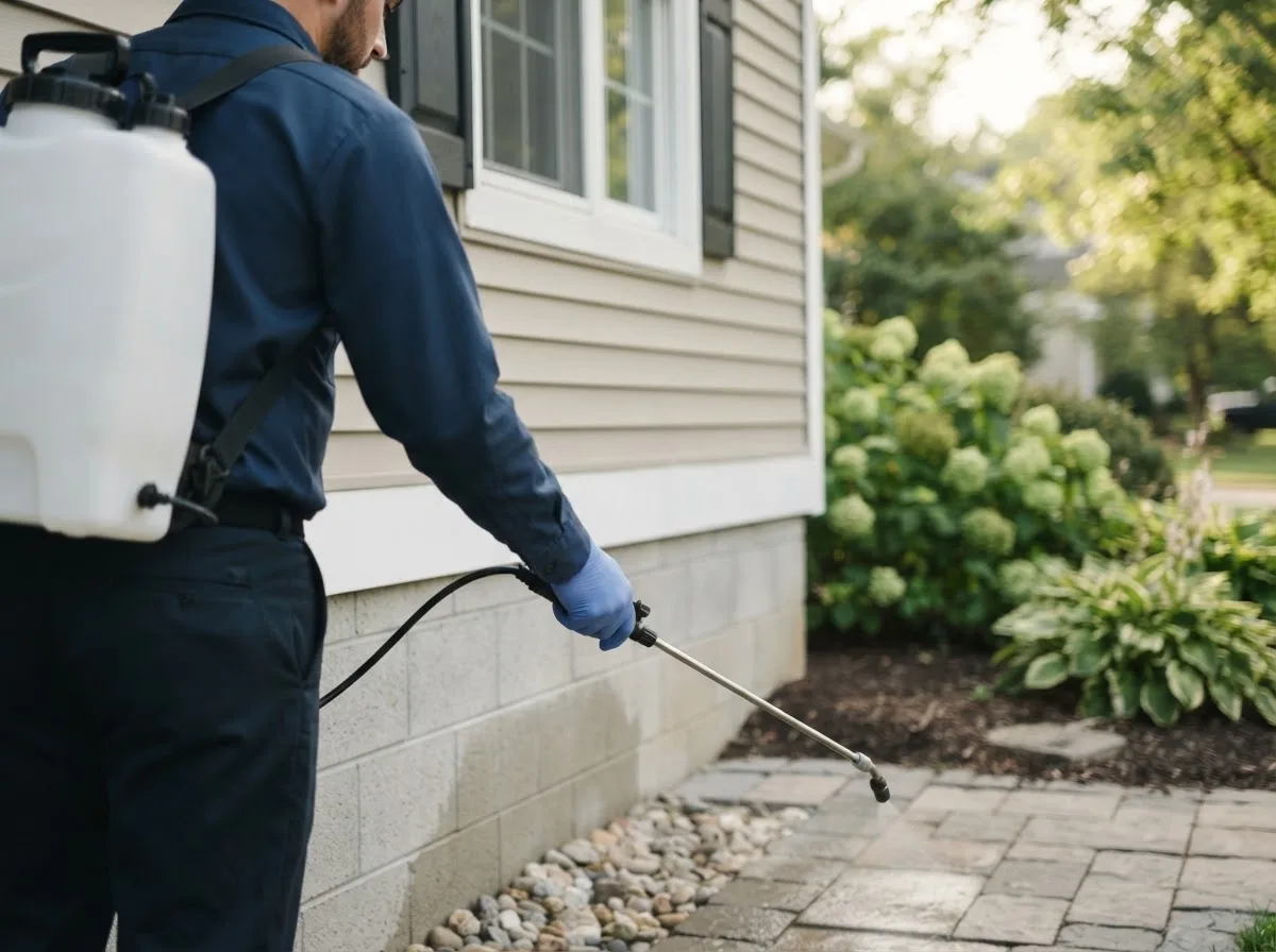 Pest control technician inspecting a home in Aurora, ME